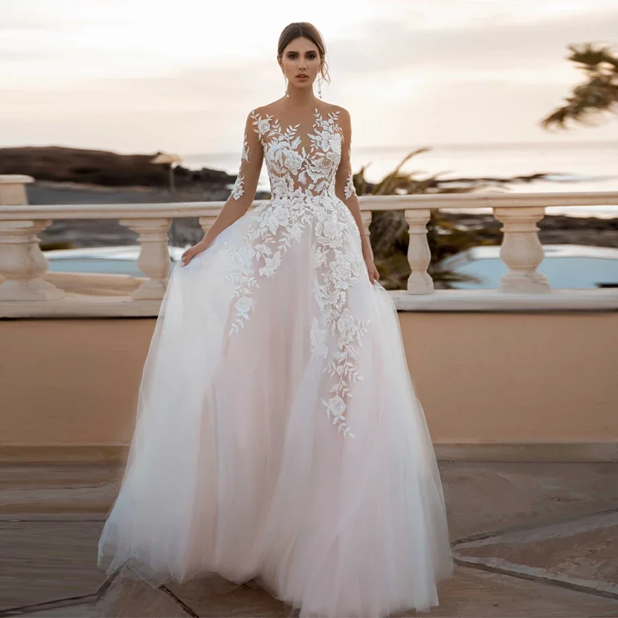 

Sexy Illusion Lace Applique Wedding Dresses A Line Sheer See Through Floral Blush Bridal Gowns Half Sleeves Vestido De Noiva