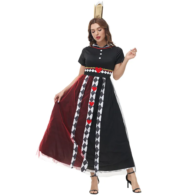 

Adult Women Red Queen of Hearts Costume Fairy Tale Theme Party Fancy Dress Halloween Masquerade Red Black Patchwork Dress