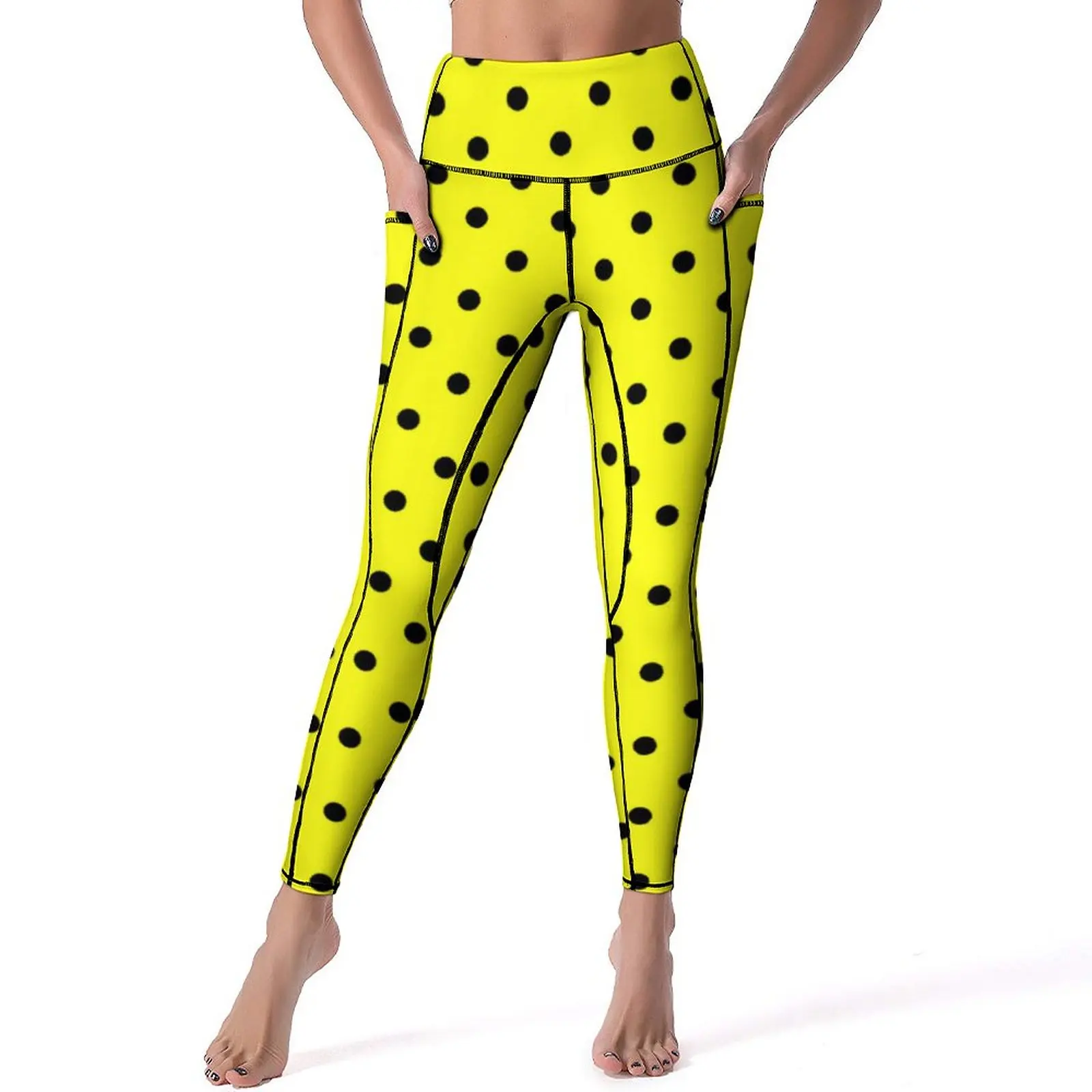 

Yellow Polka Dot Leggings Pockets Black Spots Print Printed Yoga Pants High Waist Fitness Gym Yoga Legging Vintage