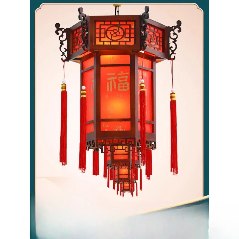 

Лампа в китайском стиле из твердой древесины с шестигранным узором для дворца на балконе, Подвесная лампа с красным фонариком, для храма, для зала предков,