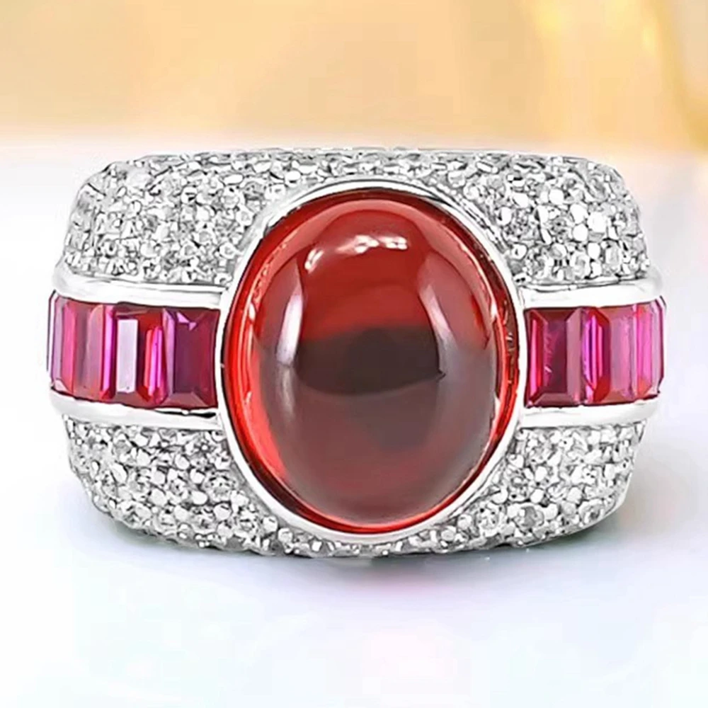 

Light Luxury 925 Sterling Silver Oval Ruby High Carbon Diamond Gem Cocktail Ring Women's Anniversary Gift Jewelry
