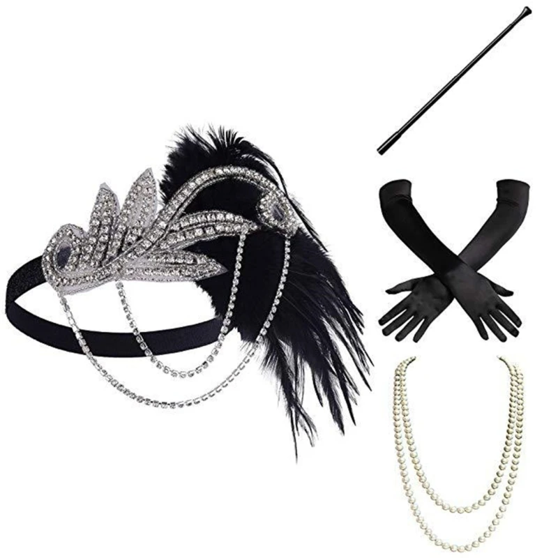 

M2EA 1920s Gatsby Great Accessories Set for Womens Costume Pearls Necklace Satin Black Gloves Flapper Headpiece Headband