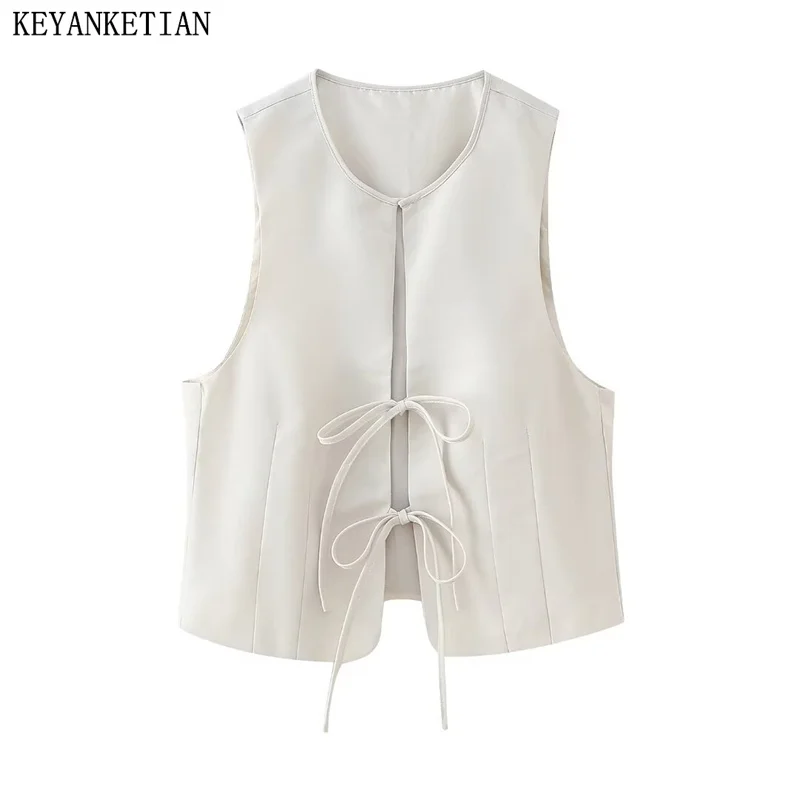 

KEYANKETIAN 2024 New Launch Hollow out Bow Lace Up Sexy Waistcoat Vest Women's O-Neck Sleeveless Solid color Slim Camisole Top