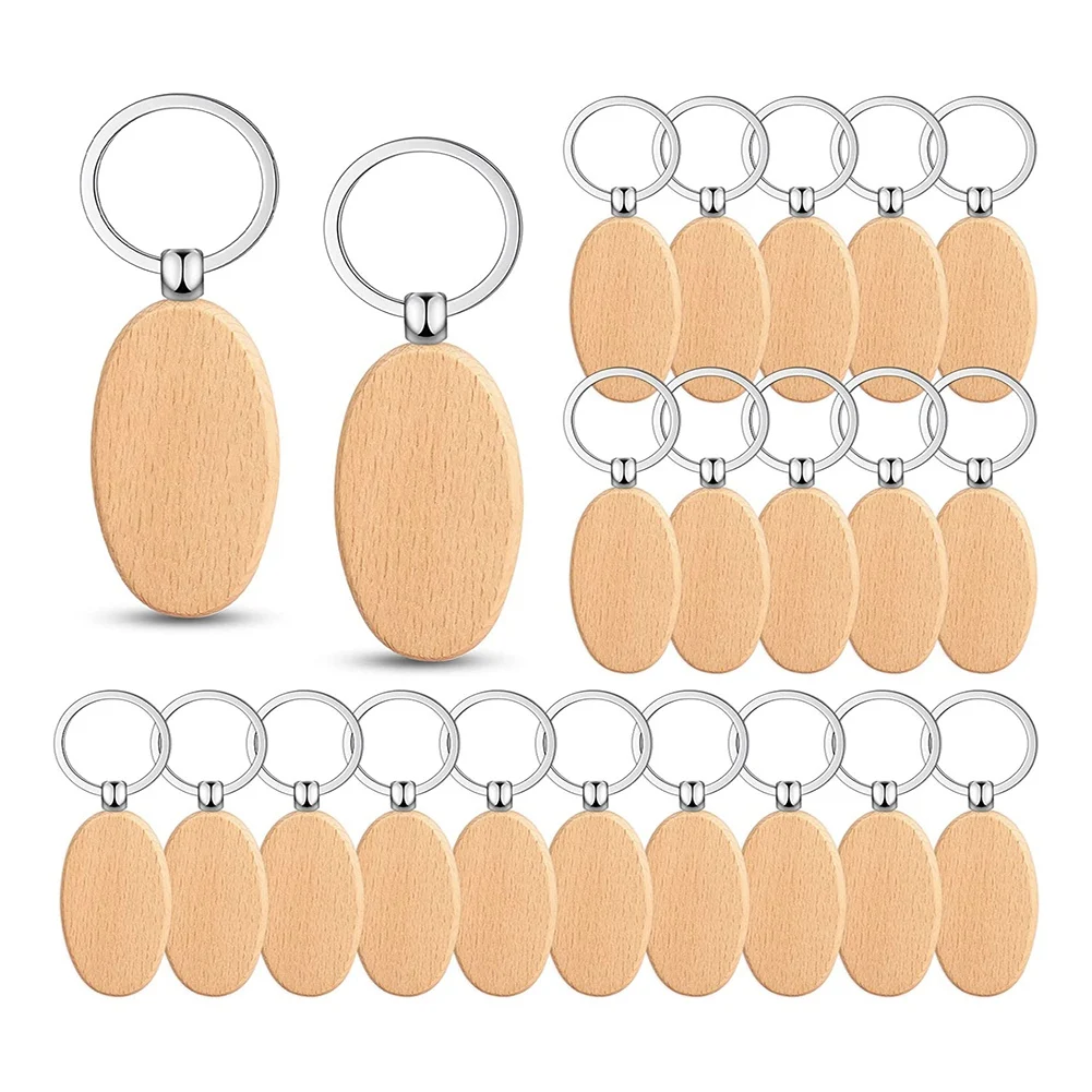 

50 Pieces Wooden Keychain Oval Wood Engraving Blanks Unfinished Wooden Key Ring Key Tag for DIY Gift Crafts (Oval)