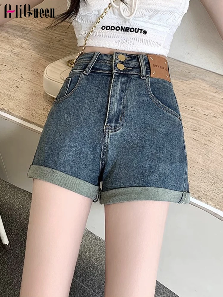 

Summer Women Streetwear Wide Leg Thin Curled Short Jeans Female Harajuku Retro Casual High Waisted Patchwork Denim Hot Shorts