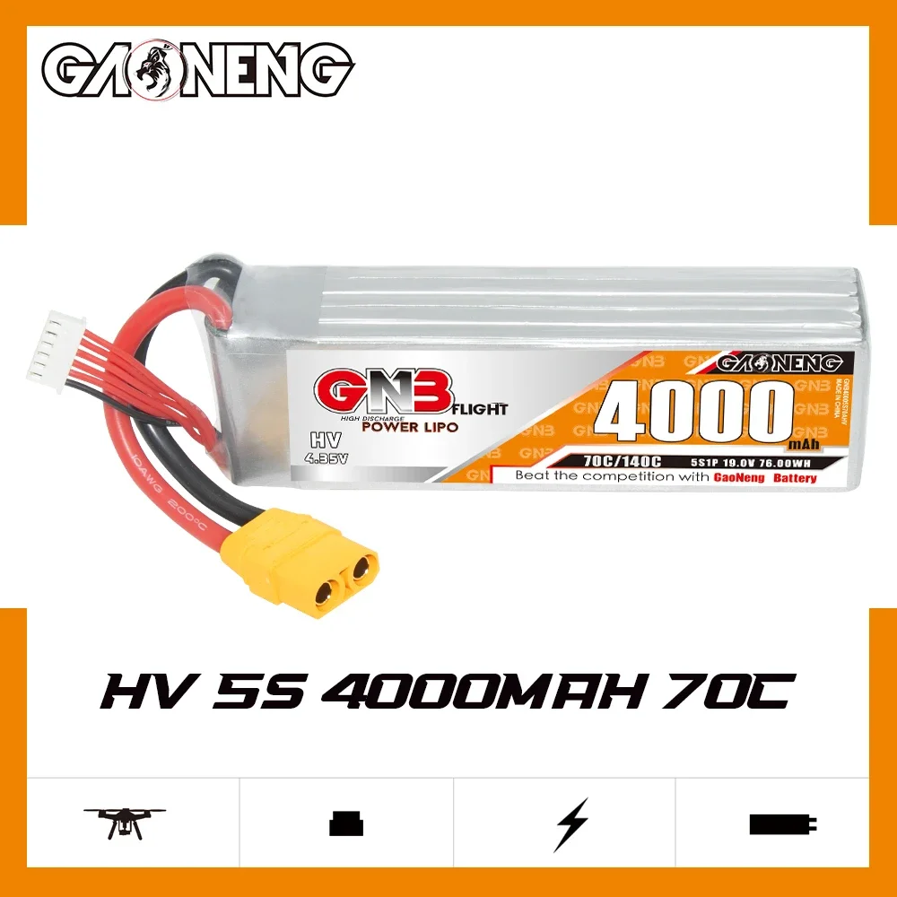 

GAONENG GNB 4000mAh 2S/3S/4S/5S/6S 7.6V/11.4V/15.2V/19.0V/22.8V 70C HV LiPo Battery with XT60/XT90/T Plug for RC Cars Boat Drone