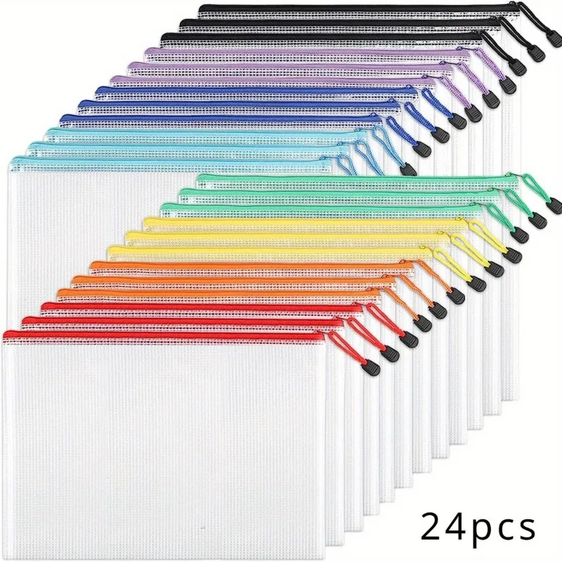 

24pcs Mesh Zipper Pouch Document Bag Waterproof Zip File Folders A4 School Office Supplies Pencil Case Storage Bags