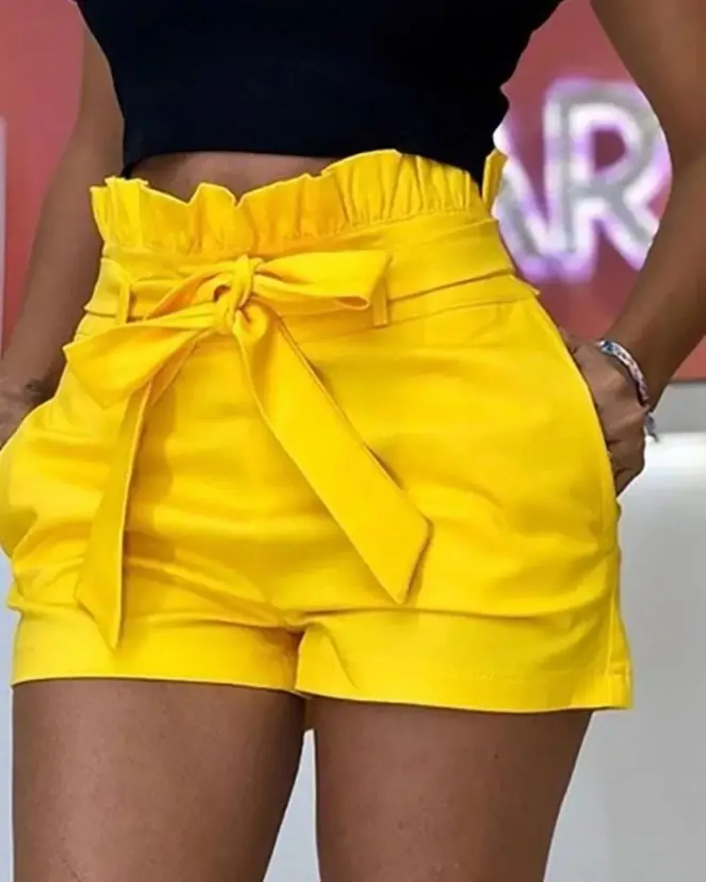 

High Waisted Short Pants with Belt, Polyester, Plain Daily, Summer, High Street, Sweet Fashion, Skinny Shorts, Sexy Frills, 2023