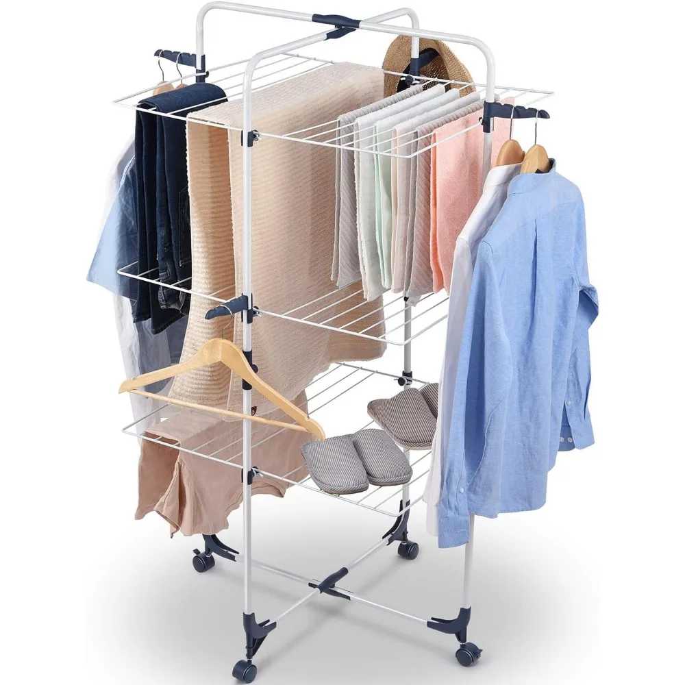 

TOOLF Clothes Drying Rack, 3-Tier Collapsible Laundry Rack Stand Garment Drying Station with Wheels and 4 Hooks