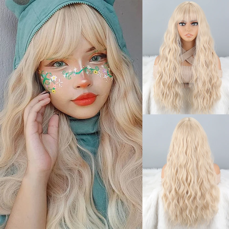 

Blonde Long Wavy Wig with Bangs Blond Wavy Wig for Women Synthetic Light Blonde Long Wig Heat Resistant for Daily and Party
