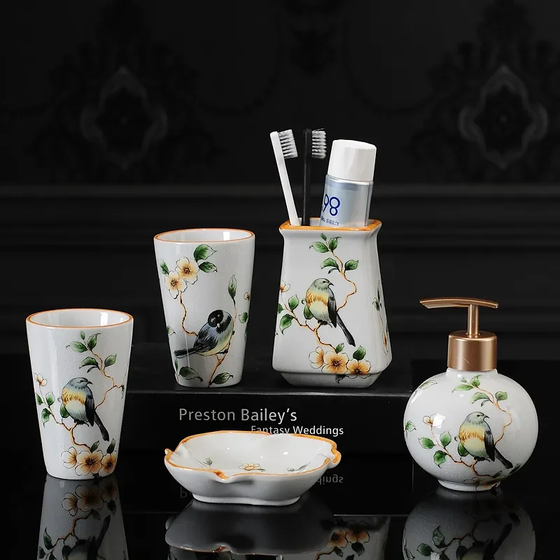 Chinese Ceramic Liquid Soap Dispenser Five-Piece Bathroom Set Household Toothbrushing Cup Mouthwash Cup Bathroom Supplies LD136
Chinese Ceramic Liquid Soap Dispenser Five-Piece Bathroom Set Household Toothbrushing Cup Mouthwash Cup Bathroom Supplies LD136