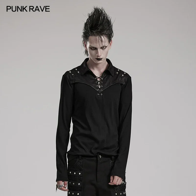 

PUNK RAVE Men's Punk Long Sleeve T-shirt Streetwear Shirt Collar Eyelet with Adjustable Drawstring Cool Casual Tops Men T Shirts