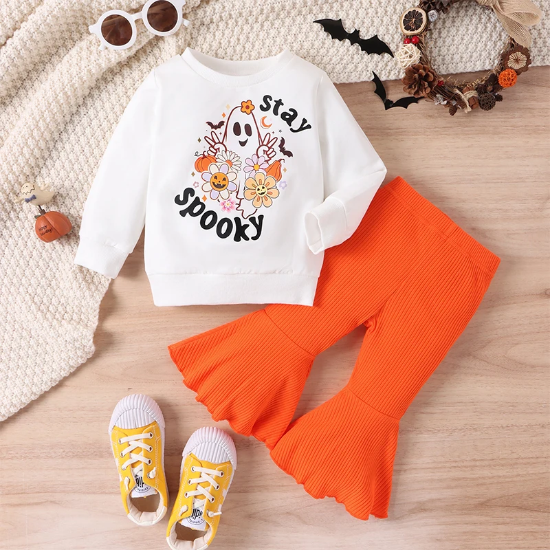 

2023-07-29 Lioraitiin 0-4Years Toddler Baby Girls 2Pcs Halloween Outfits Ghost Print Round Neck Shirt Flared Solid Pants Set
