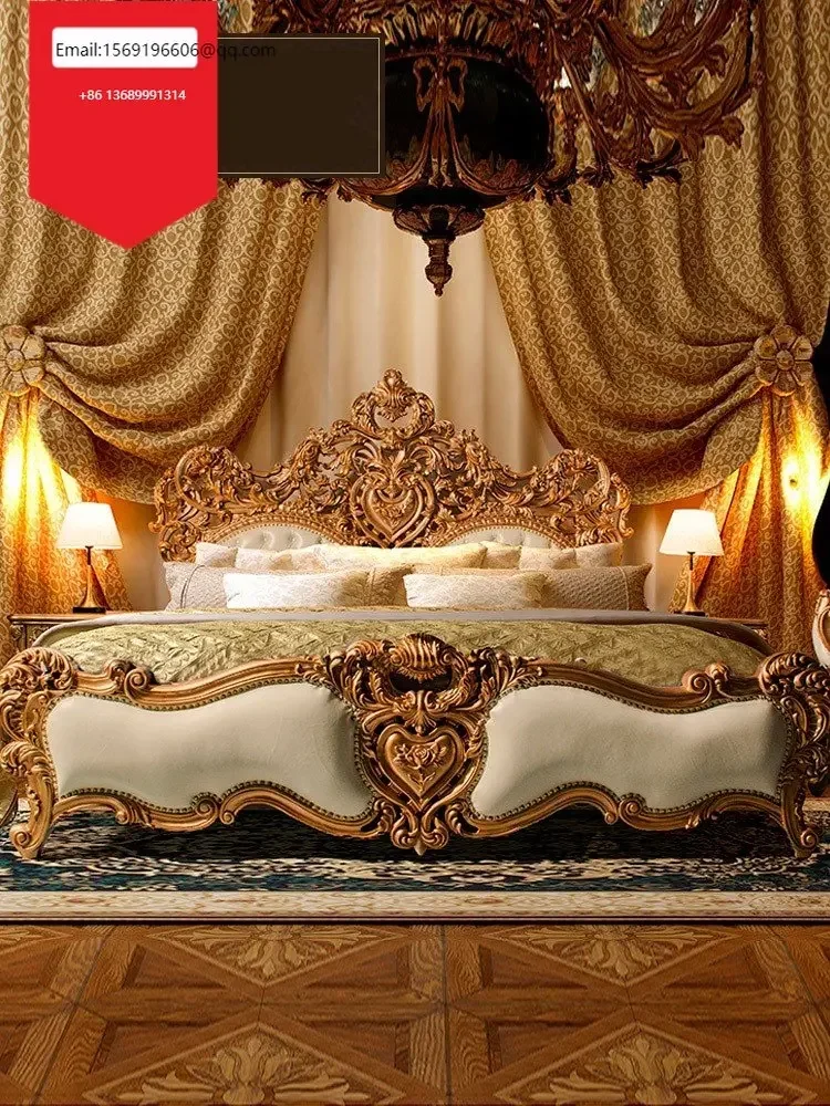 

Italian solid wood double bed French palace luxury princess bed villa leather bed custom made