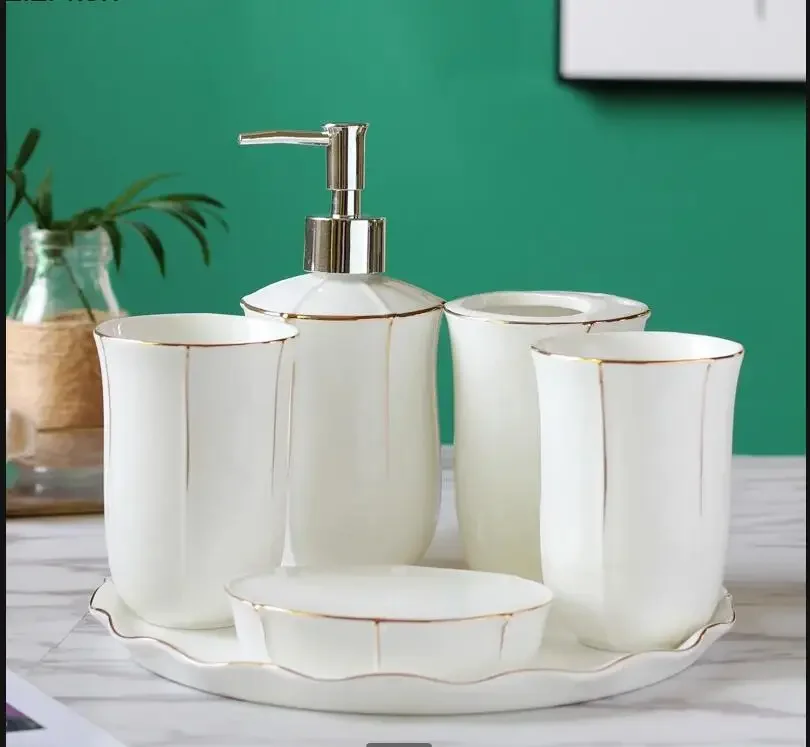 

Ceramic Bathroom Set Bathroom Supplies Wash Five-piece Set with Tray Mouthwash Cup Toothbrush Holder Soap Dish Lotion Bottle