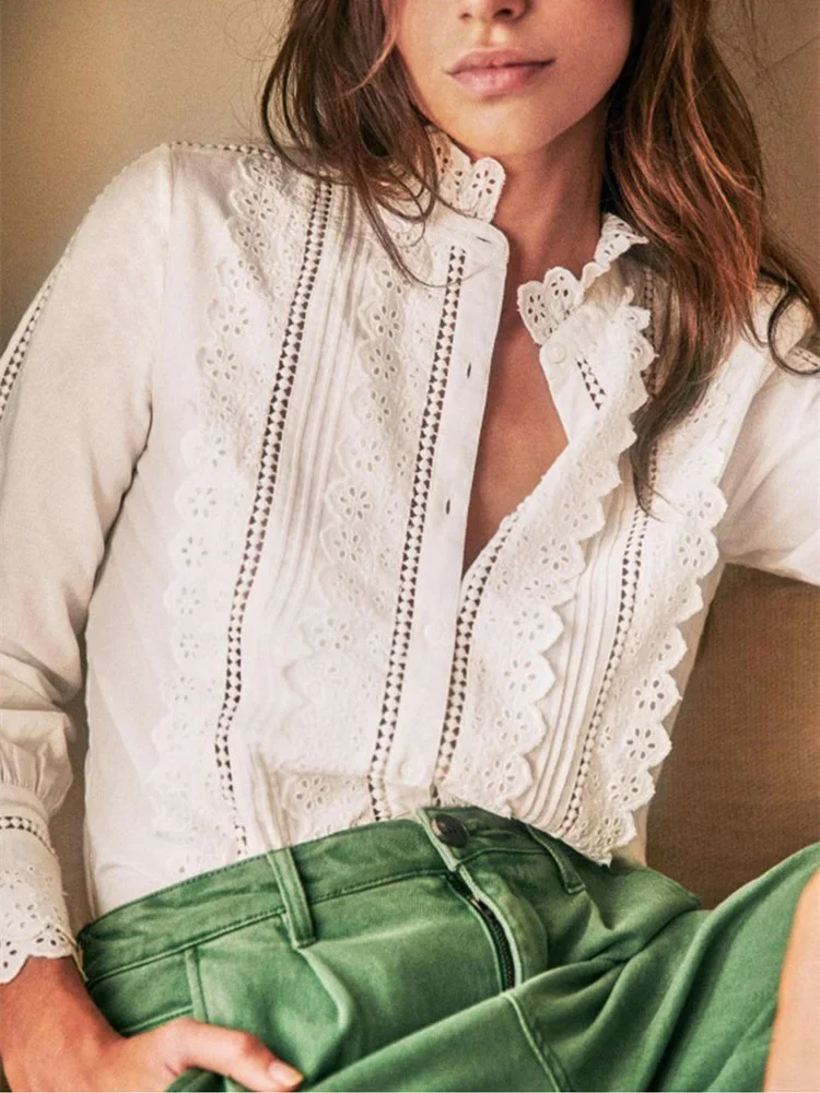 Women's Blouse 2024 New Spring Lace Hollowed Out O-Neck Single-Breasted Elegant Slim Commuter Long-Sleeved Shirt
Women's Blouse 2024 New Spring Lace Hollowed Out O-Neck Single-Breasted Elegant Slim Commuter Long-Sleeved Shirt
