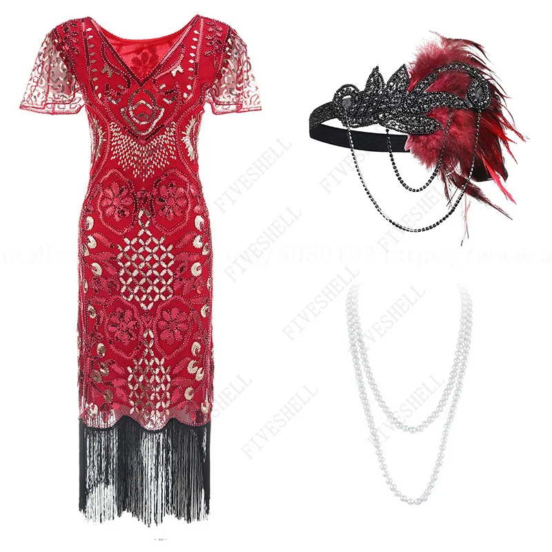 

Women 1920s Gatsby Cocktail Sequin Art Deco Flapper Fringed Paisley Vintage Black Gold Dress with 20sArt Deco Accessories