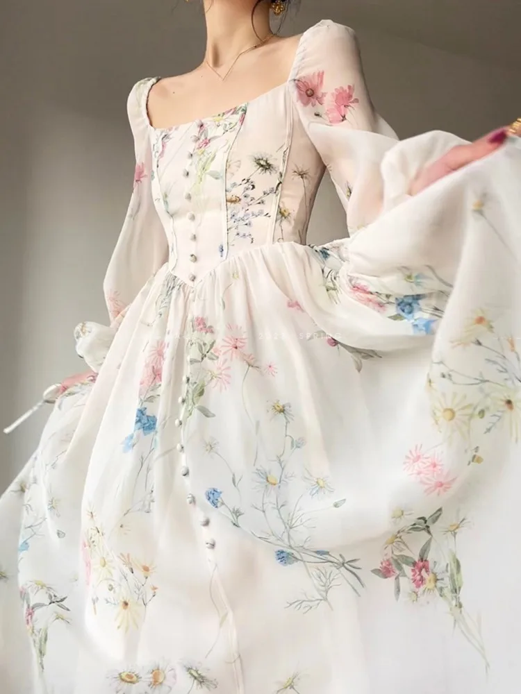 

Женское винтажное длинное платье с цветочным принтом, летнее пляжное платье-трапеция во французском стиле с рукавами-фонариками, женское платье для выпускного вечера
