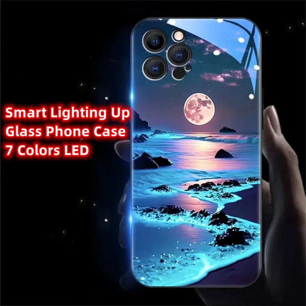 

Glowing Meteor Beach Luminous Glass LED Call Light Up Flash Phone Case Cover For iPhone 15 14 13 12 11 Pro Max XR XS Plus 7 8