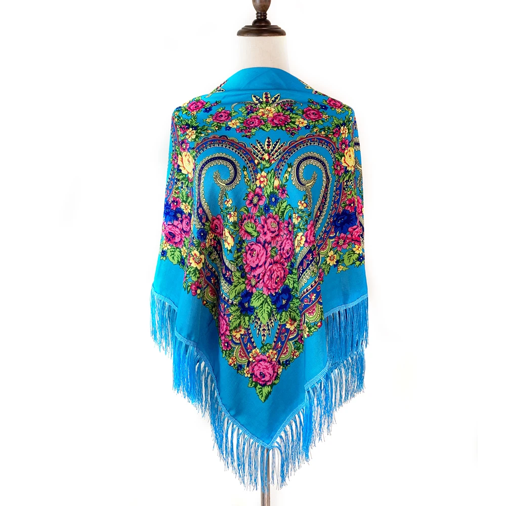 

135*135cm Women Russian National Square Scarf Ukrainian Floral Pattern Fringed Bandana Shawl Babushka Hijab Head Wraps