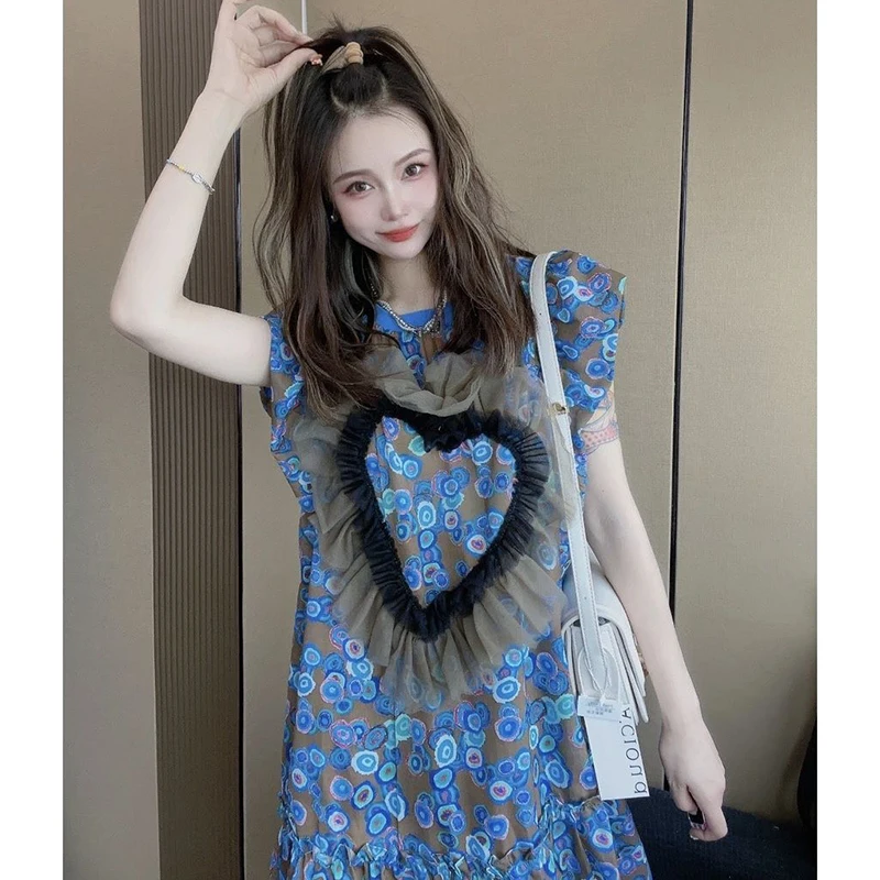 

Sweet Printed Spliced Ruffles Flare Sleeve Folds Princess Dress Female Clothing 2024 Summer New Loose Korean Floral Dress