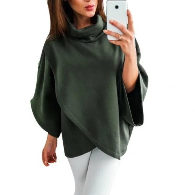 

Fashion Batwing Poncho Winter Warm Coats Cloak Women Asymmetric Turtleneck Sweatshirt Fleece Cloak Female Solid Pullover Cape