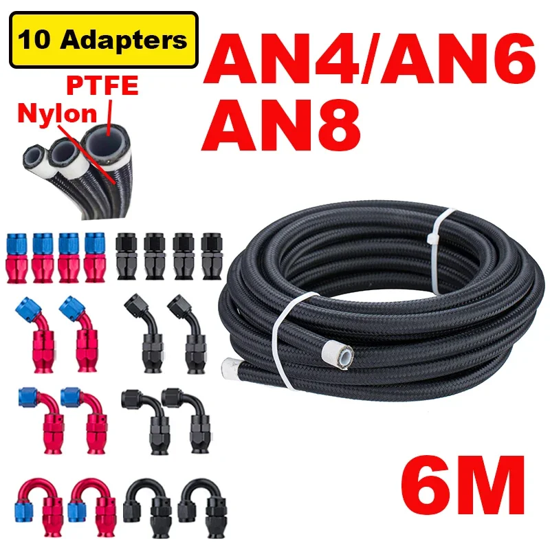 

6M 20FT AN4 AN6 AN8 PTFE Nylon Stainless Steel Braided Fuel Gas Oil Line Hose Pipe 0+45+90+180 Degree 10Pcs End Fitting Adapters