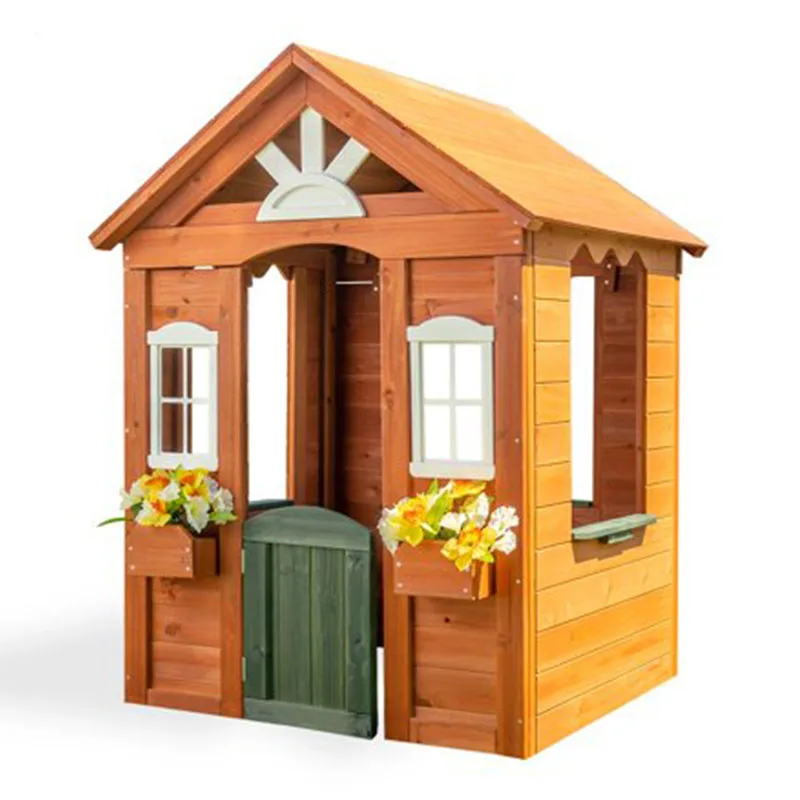Outdoor Kids Wooden Playhouse with Fun Colored Working Front Door, White Trim Windows And Flower Pot Holders
Outdoor Kids Wooden Playhouse with Fun Colored Working Front Door, White Trim Windows And Flower Pot Holders