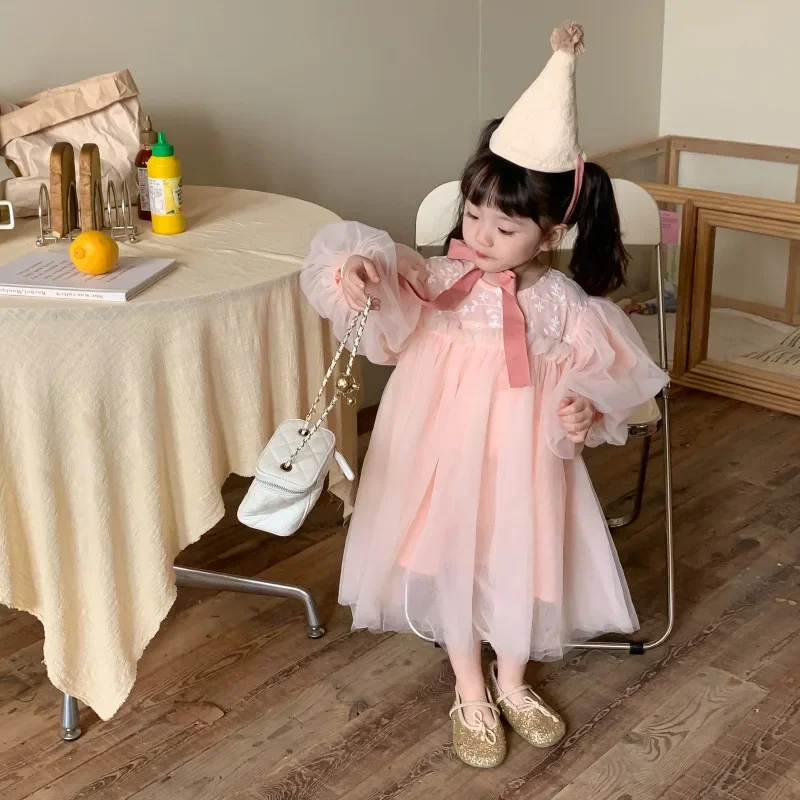 

2024 Spring Baby Girls Dress Birthday Party Tutu Princess Dresses for Children's Pink Beige Clothes Cute Casual Kids 2-7 Years