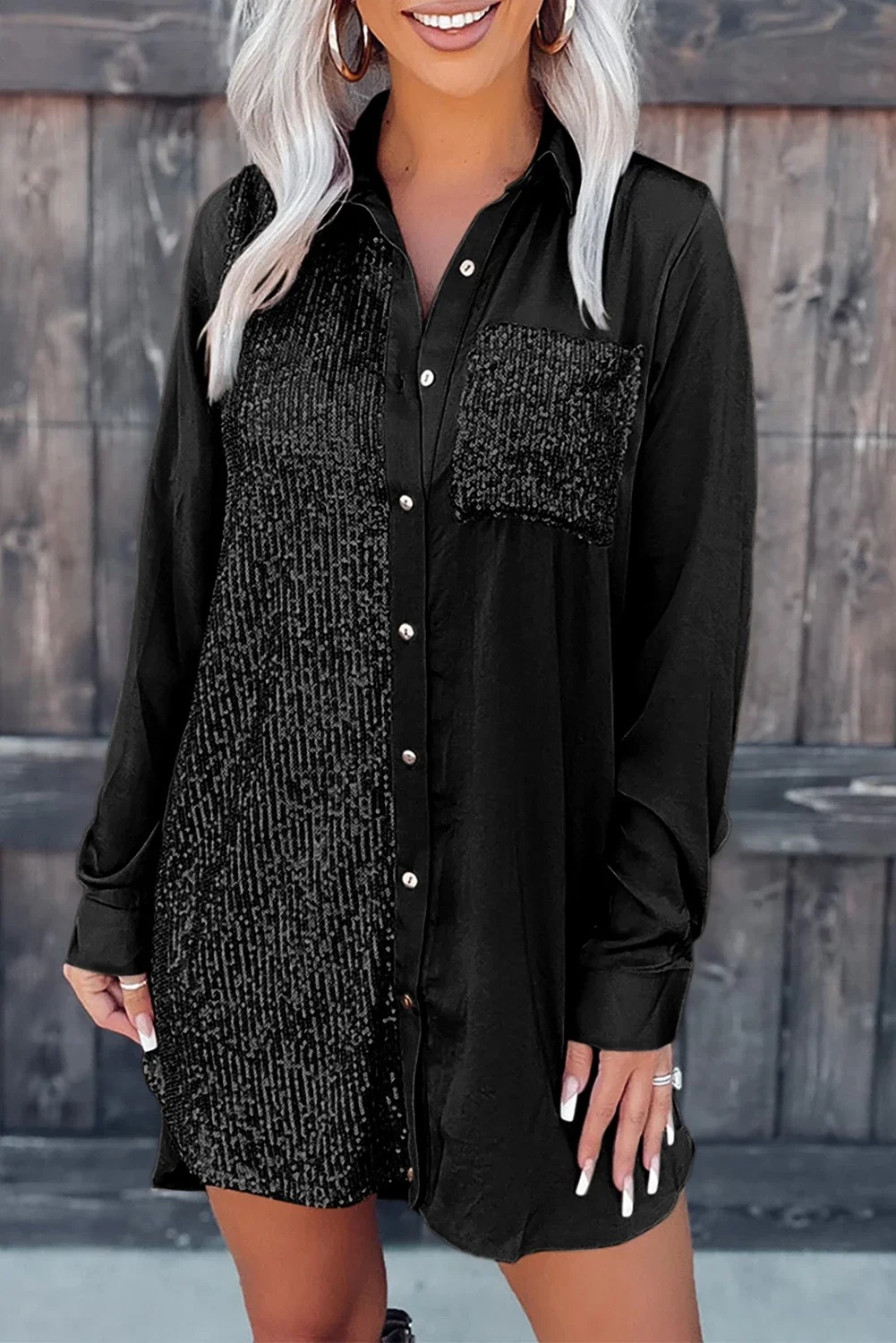 

Khaki/Black Sequin Splicing Pocket Buttoned Shirt Dress for Women Summer Party Club Short Dress
