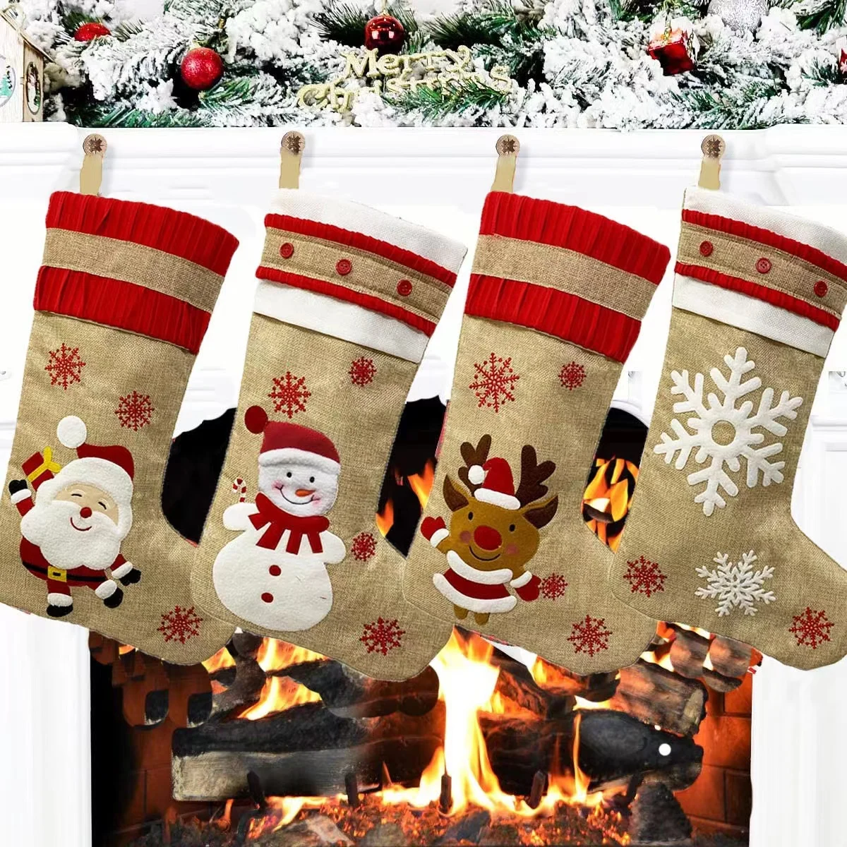 

2022 Burlap Christmas Stocking Cute Snow Snowman Moose Santa Xmas Ornament Home Decoration Pendant Christmas Gift Bag Socks 47cm