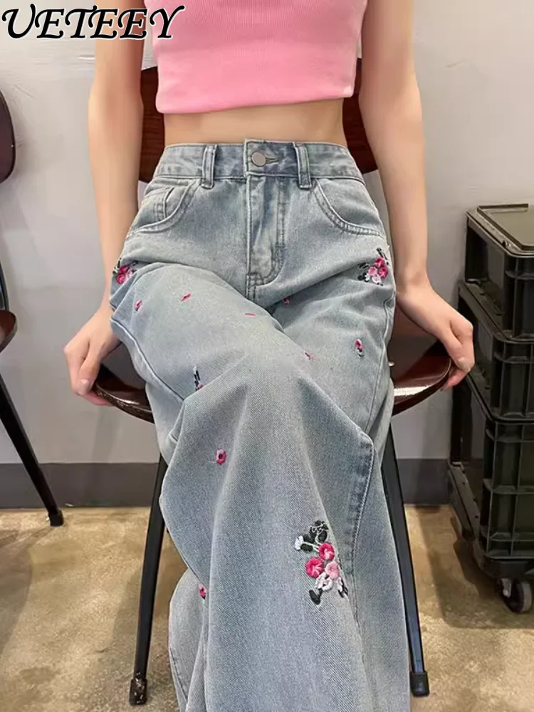 

New Chinese Style Flower Embroidered Jeans Women 2024 Summer High Waist Drooping Straight Denim Pants Loose Wide Leg Mop Pants
