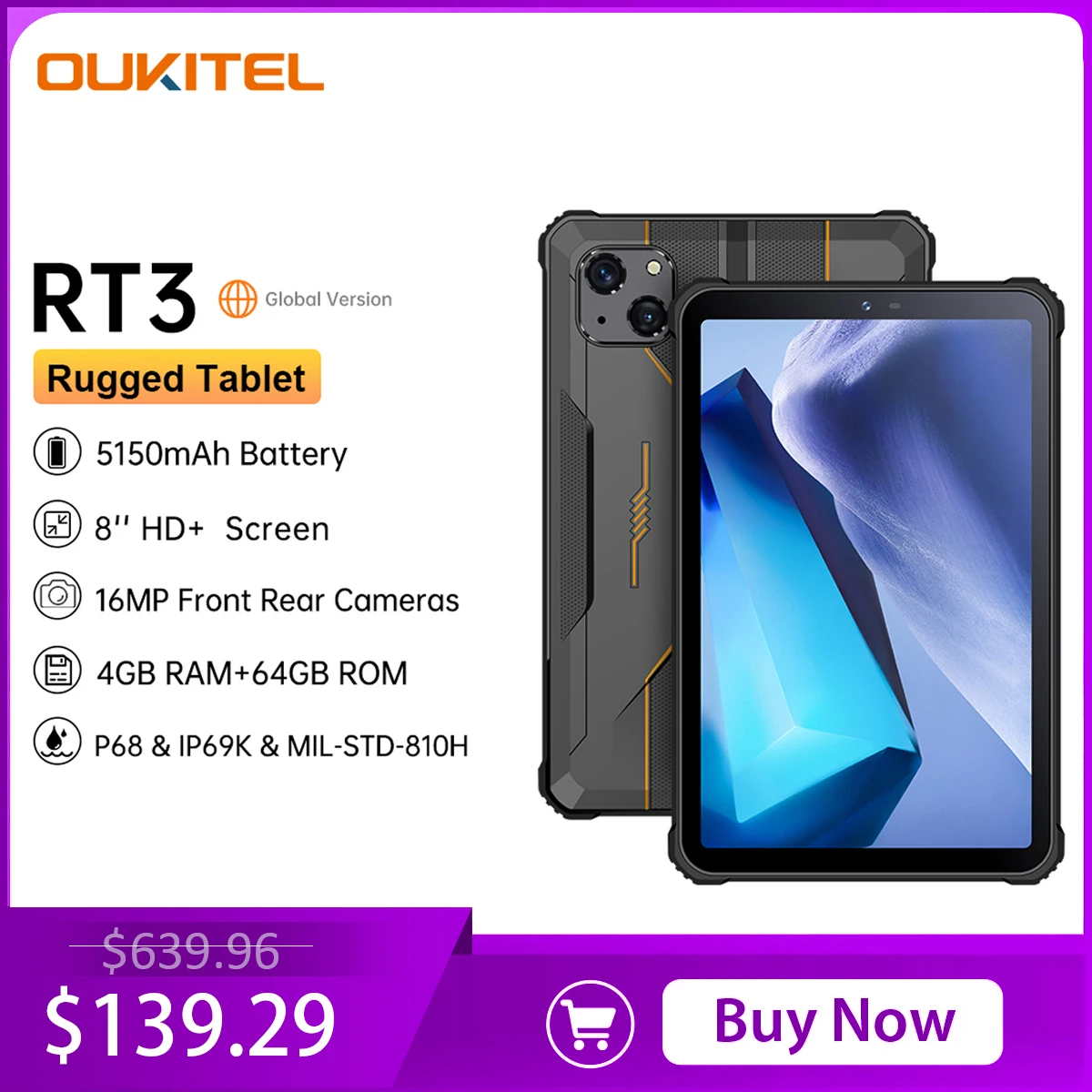 

Oukitel RT3 Mini Rugged Tablet 8 Inch HD+ 5150 mAh 4GB+64GB Android 12 Tablets Mtk Helio P22 16MP Camera Pad