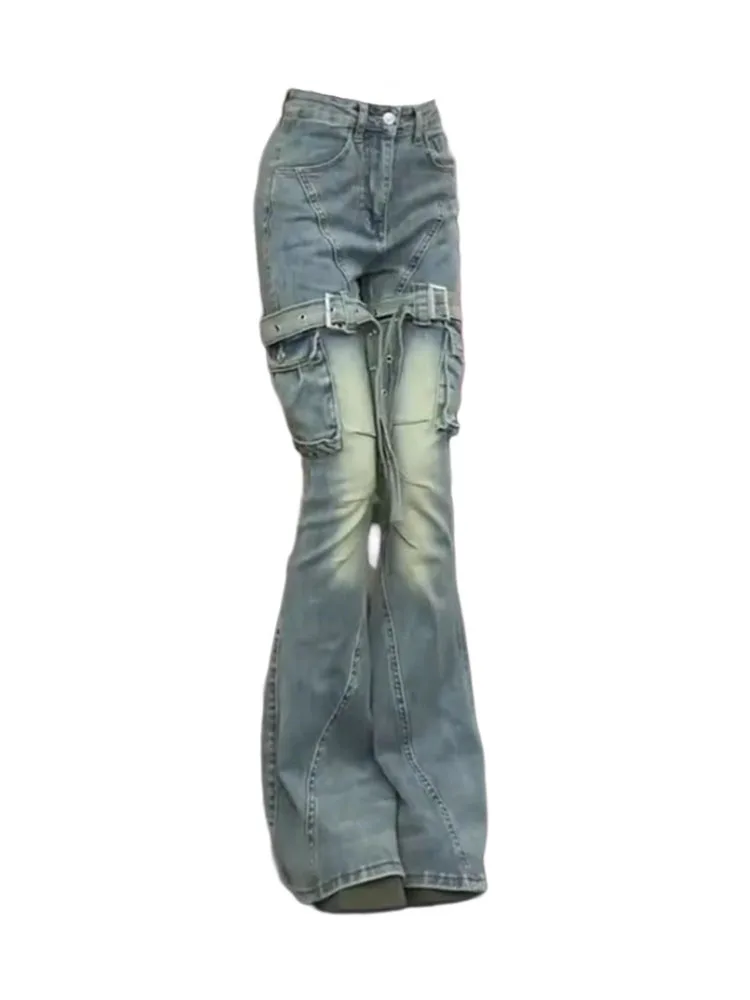 

Fashion Basic Denim Pants Sashes Design High Waist Slim Bell Bottoms Casual Blue Flared Jeans Streetwear Vintage 2000s Aesthetic