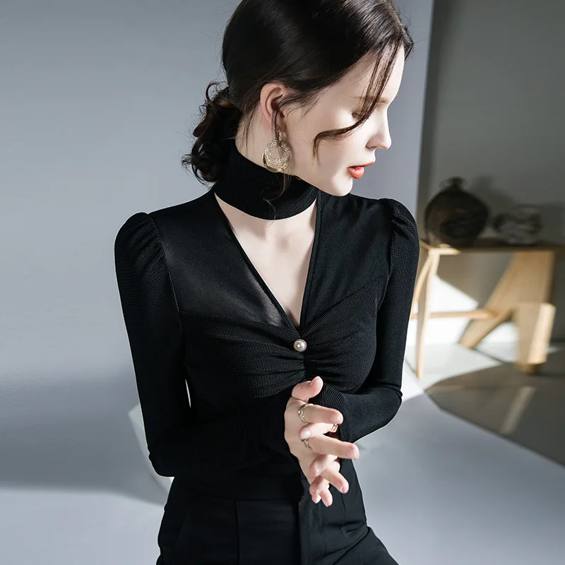 

High Quality 2024 Women Tops Halter Splice T-shirt Female Clothing Winter Autumn Sexy Crop Top Clothes Simple Casual Blouse Y2k