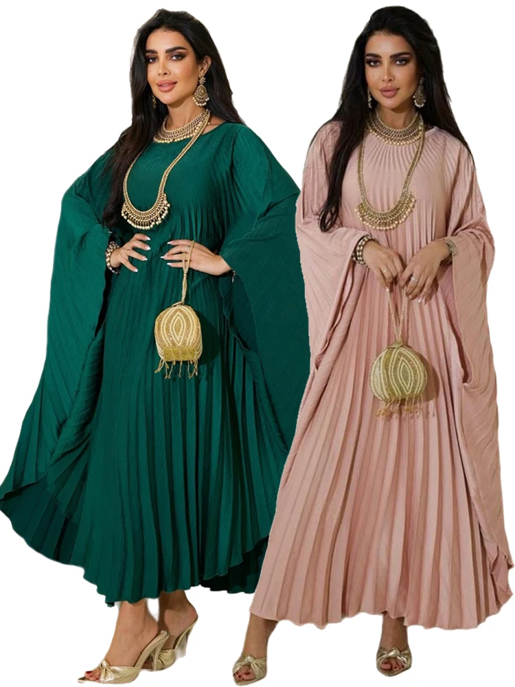 

Ramadan Eid Satin Batwing Pleated Abaya Dubai Luxury Islam Muslim Maxi Kaftan Modest Dress For Women Kebaya Robe Femme Musulmane