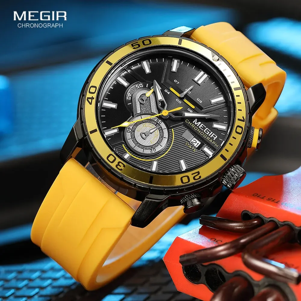 

MEGIR Yellow Sport Quartz Watch for Men Fashion Waterproof Chronograph Wristwatch with Silicone Strap Auto Date Luminous Hands