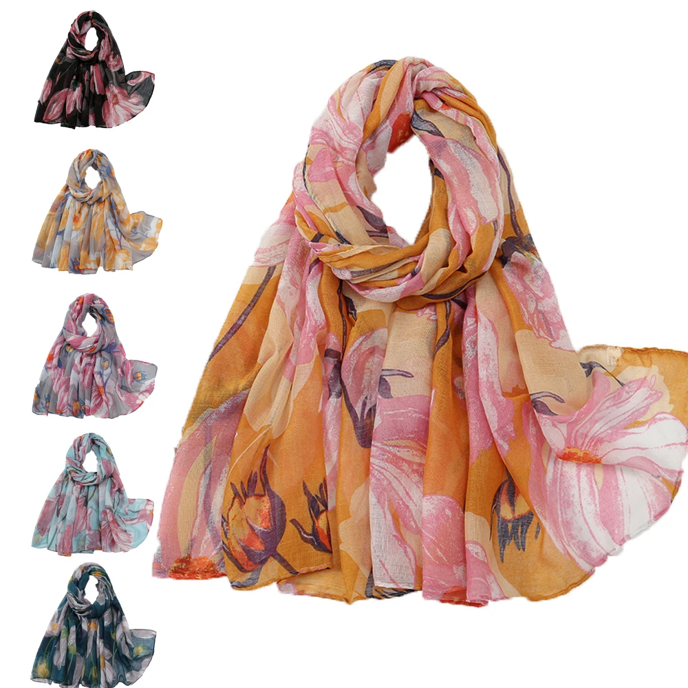 

2024 Fashion Women Brand Viscose Scarf Big Petal Floral Voile Hijab Shawls and Wraps Female Foulards Echarpe Designer 180*85cm