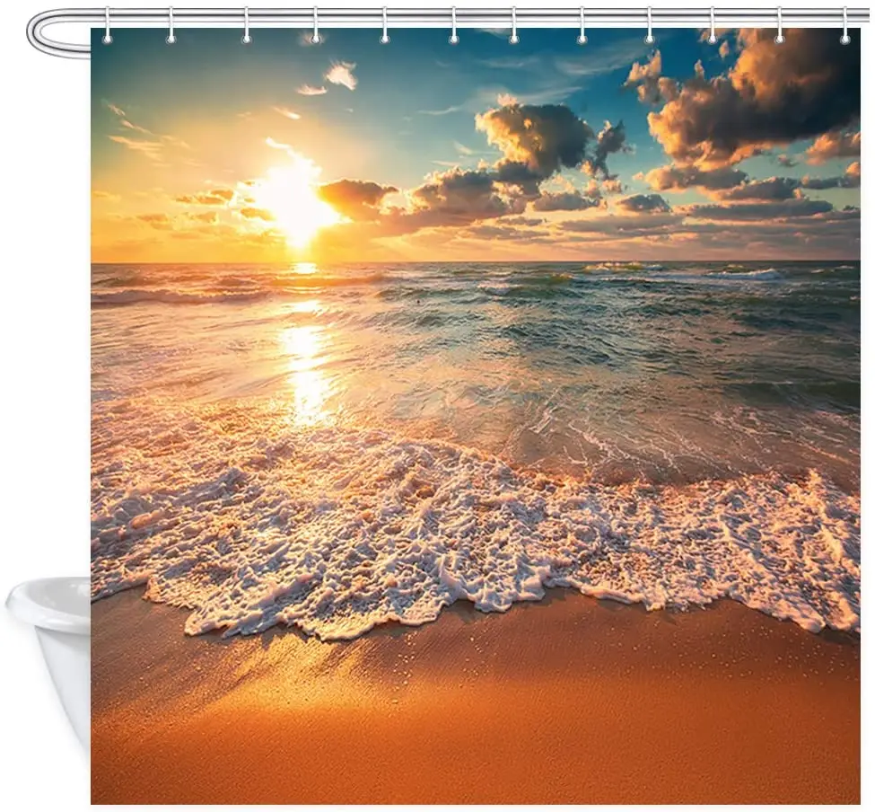 

Ocean Beach Shower Curtain Sunset Sunrise Romantic Orange Sun Rays Seaside Waves Blue Sky Coastal Bathroom Decor Polyester Hooks