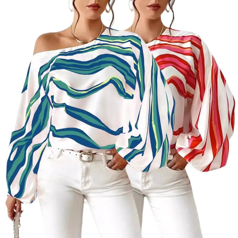 

Women Top Geometric Striped Print Lantern Sleeve Blouse for Women Loose Fit Pullover Top with Slash Neck Stylish Spring Summer
