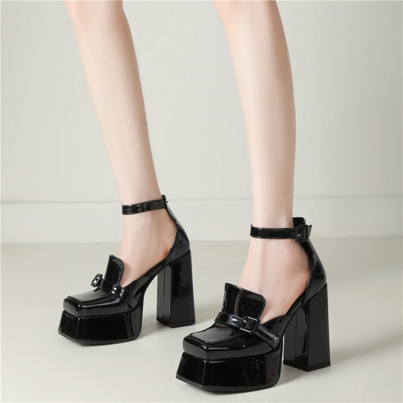 

Patent Leather Square Toe Thick Sole Chunky Heels Women Pumps Mary Janes Ankle Strap Sandals Fashion Sexy Elegant Ladies Shoes