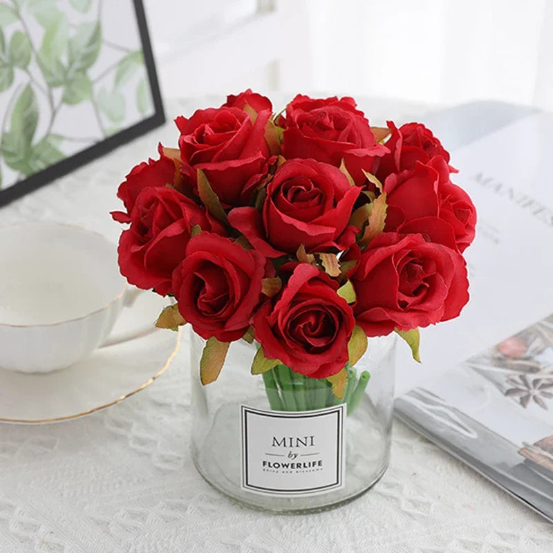 

12 шт., искусственные красные шелковые розы, букет для свадьбы, невесты, дома, недорогие Искусственные белые цветы для украшения стола дома