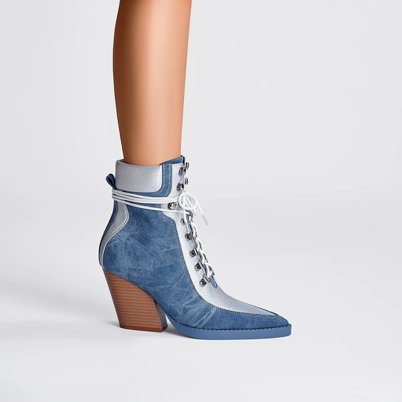 Kaky's New Pointed Denim Lace up High Heel Large Women's Boots Martin Boots Western Boots martens
Kaky's New Pointed Denim Lace up High Heel Large Women's Boots Martin Boots Western Boots martens