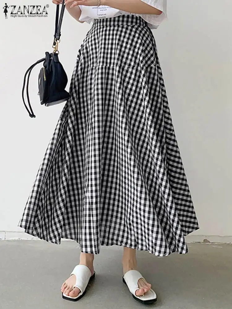 

2023 ZANZEA Casual Elastic High Waist Maxi Skirt Women Summer Plaid Spliced A-line Skirt Fashion Checked Jupes Oversized Faldas