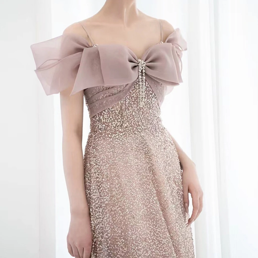 

Блестящее розовое коктейльное платье с блестками, бантом на воротнике, бисером, без рукавов, трапециевидной формы, до пола, женское вечернее платье на выпускной