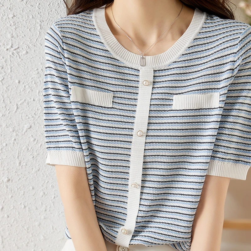 Short Sleeve Tee Shirt Femme Elegant Striped T Shirt Women O Neck Tshirts Female 2023 Summer Clothes Korean Style Knitted Tops
Short Sleeve Tee Shirt Femme Elegant Striped T Shirt Women O Neck Tshirts Female 2023 Summer Clothes Korean Style Knitted Tops
