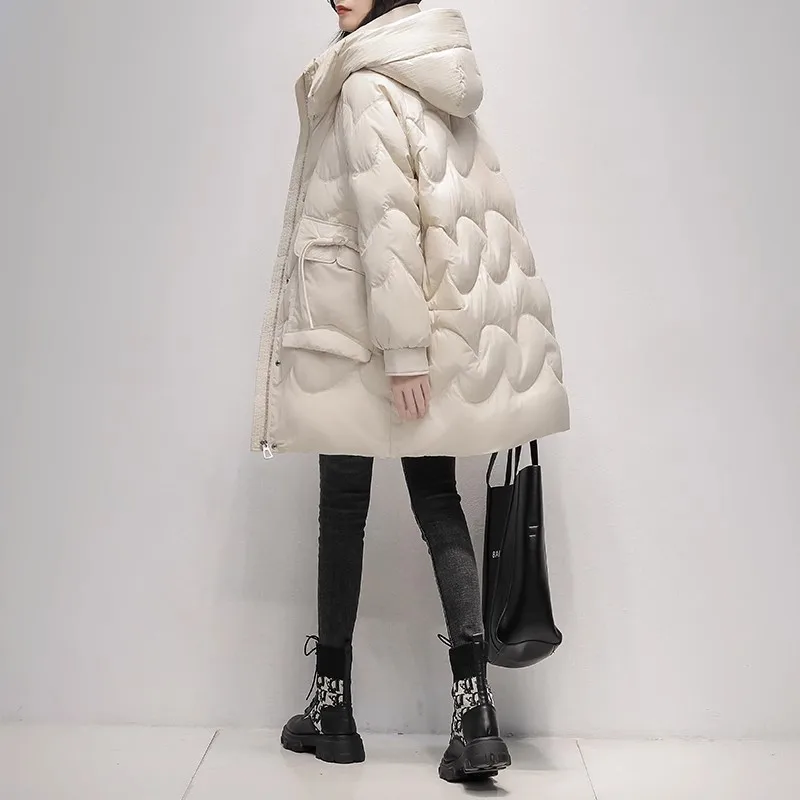 

Black Down Jacket Women's 2023 Winter New Korean Loose Fashion 90%White duck down Coat Female Warm Hooded Puffer Parkas Overcoat