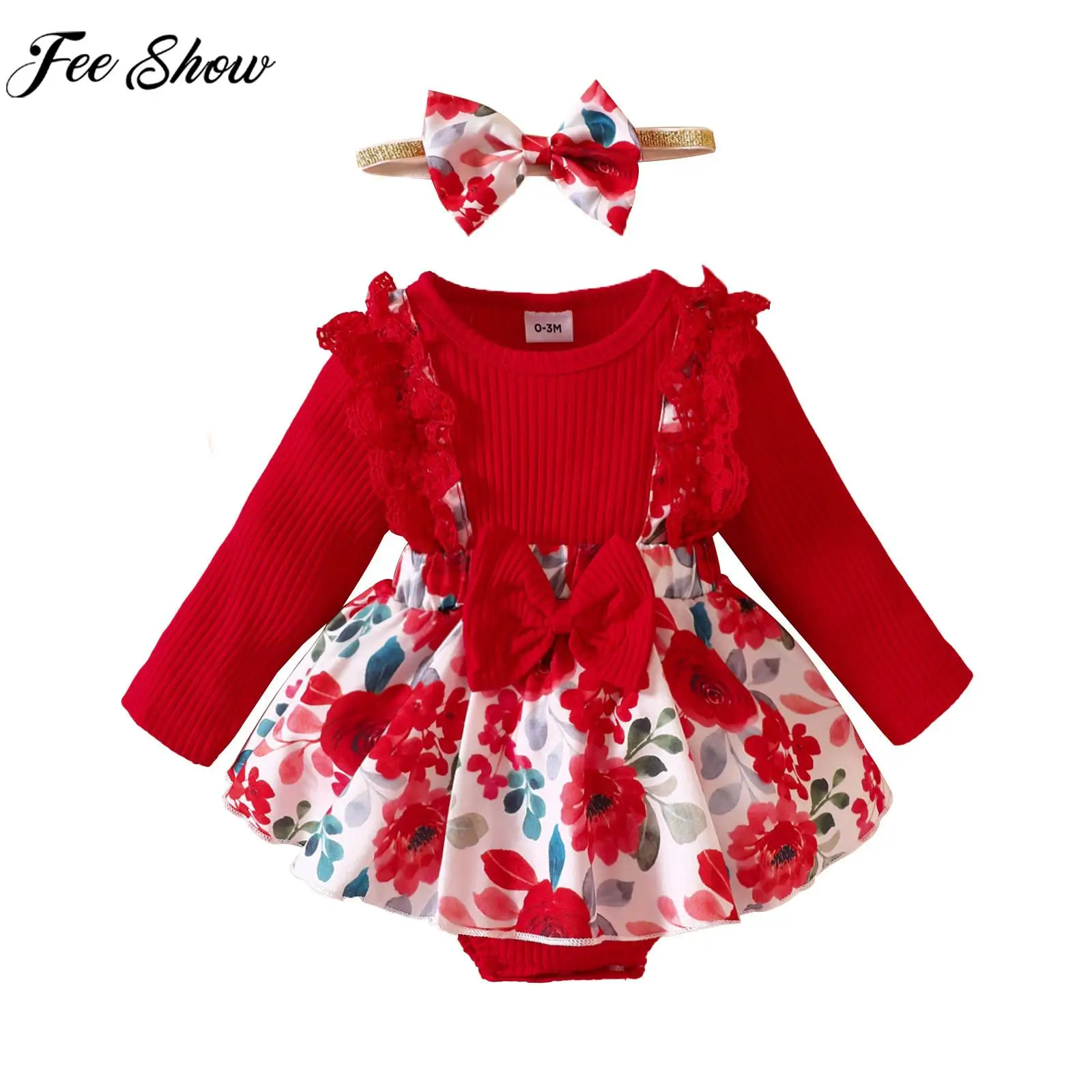 

Infant Girls Christmas New Year Party Dress Long Sleeve Print Bowknot Ruffle Romper Tutu with Headband Baptism Birthday Bodysuit