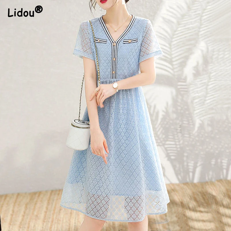 

Loose Knee Skirts Solid Color Patchwork Lattice Button Simplicity Pullovers Dresses Summer Thin Casual Women's Clothing V-neck