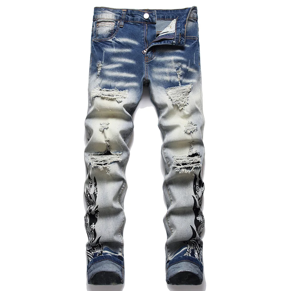 2023 New Men's Blue Flame Print Man Jeans Streetwear Holes Ripped Distressed Stretch Denim Pants Slim Tapered Printed Trousers
2023 New Men's Blue Flame Print Man Jeans Streetwear Holes Ripped Distressed Stretch Denim Pants Slim Tapered Printed Trousers
